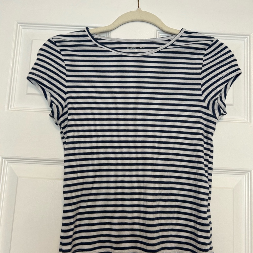American Eagle Blue and White Fitted Ribbed Cap Sleeve Tee